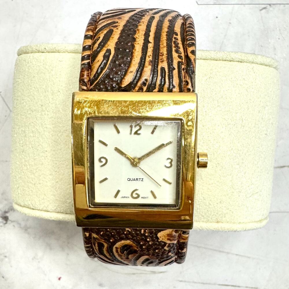 Vintage Avon Watch Gold Tone Brown Faux Leather Clamper Cuff F3041 New Battery